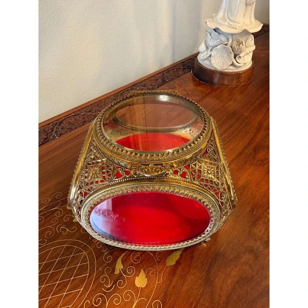 Vintage Ormolu Jewelry Casket Red Velvet Beveled Glass Box - Picture 10 of 17